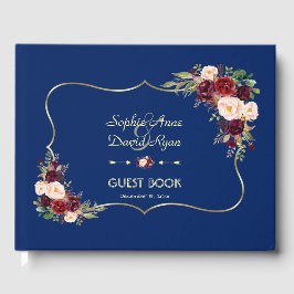 Royal Navy Blue Burgundy Floral Wedding Gastenboek