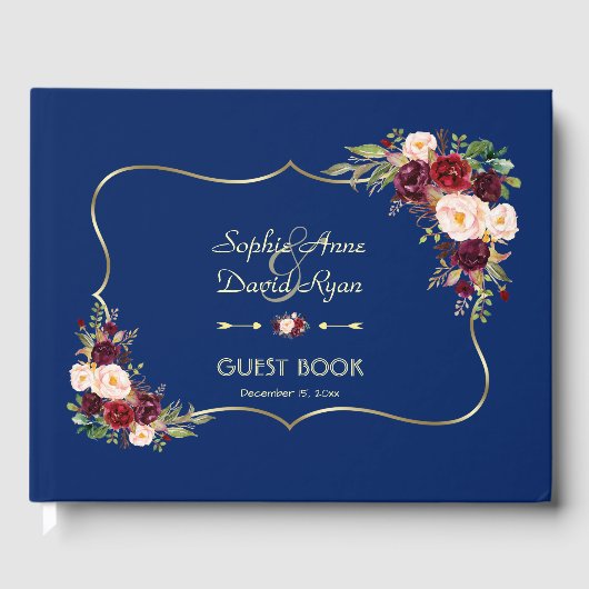 Royal Navy Blue Burgundy Floral Wedding Gastenboek (Voorkant)