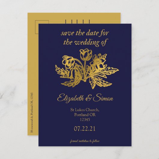 royal navy blue elegant gold save the date aankondigingskaart (Voorkant / Achterkant)