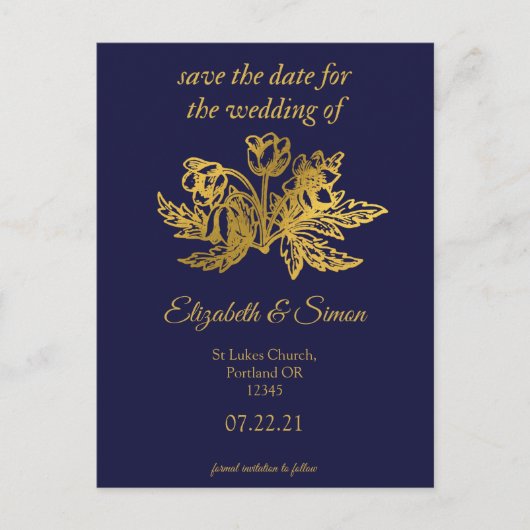 royal navy blue elegant gold save the date aankondigingskaart (Voorkant)