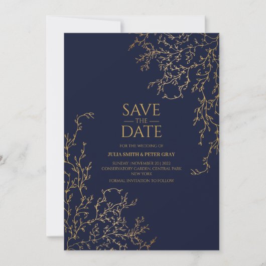 Royal Navy-Blue en Gold Save the Date Wedding Kaart (Voorkant)