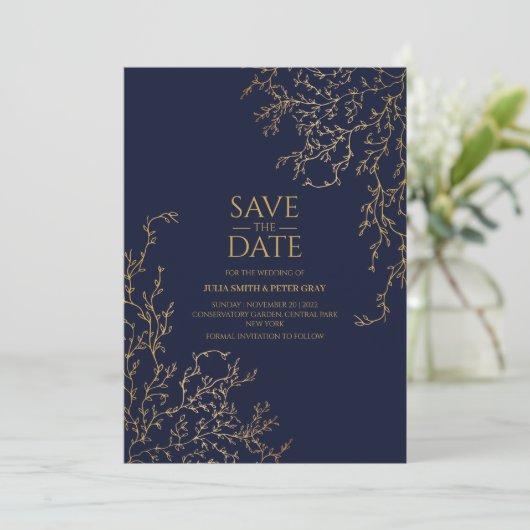 Royal Navy-Blue en Gold Save the Date Wedding Kaart (Staand voorkant)