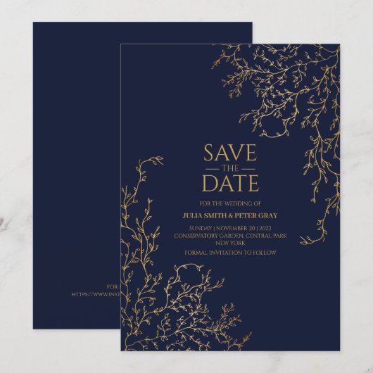 Royal Navy-Blue en Gold Save the Date Wedding Kaart (Voorkant / Achterkant)