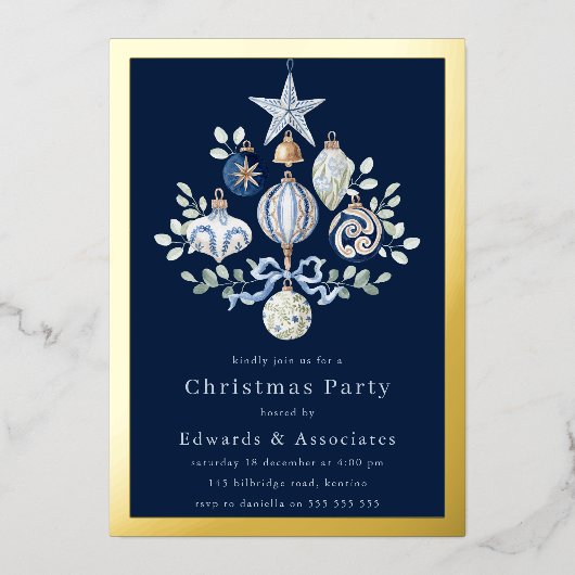 Royal Navy Blue & Gold Border Christmas Party Folie Uitnodiging (Voorkant)