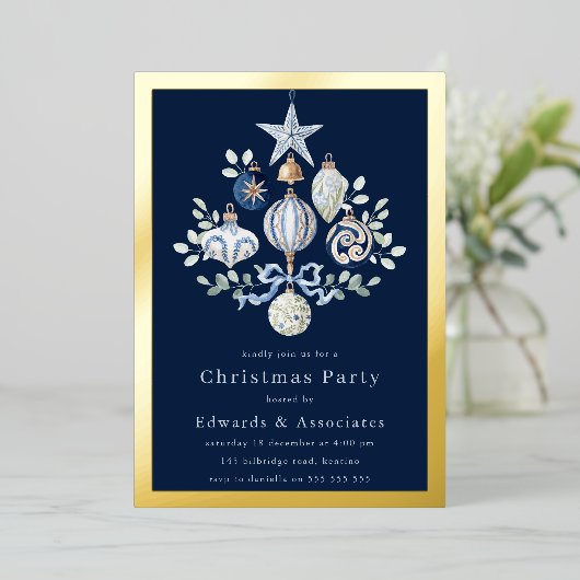 Royal Navy Blue & Gold Border Christmas Party Folie Uitnodiging (Staand Voorkant)