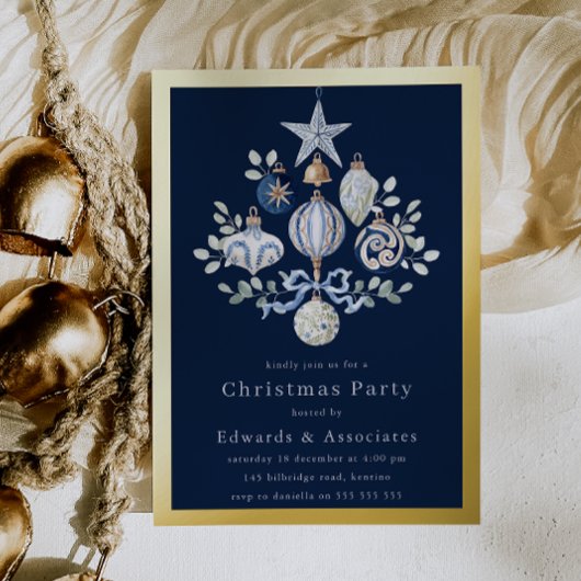 Royal Navy Blue & Gold Border Christmas Party Folie Uitnodiging
