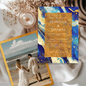 Royal Navy Blue Gold bruiloft uitnodiging met foto