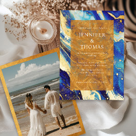 Royal Navy Blue Gold bruiloft uitnodiging met foto