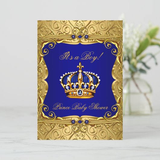 Royal Navy Blue Gold Crown Baby shower Invitation Kaart (Staand voorkant)
