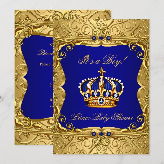 Royal Navy Blue Gold Crown Baby shower Invitation Kaart (Voorkant / Achterkant)