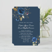 Royal Navy Blue Gold Flowers Wedding Kaart (Staand voorkant)