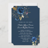 Royal Navy Blue Gold Flowers Wedding Kaart (Voorkant)