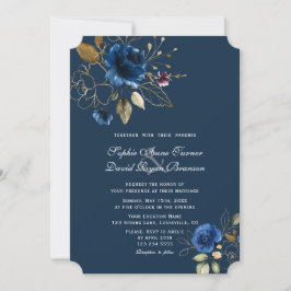 Royal Navy Blue Gold Flowers Wedding Kaart
