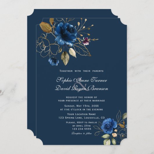 Royal Navy Blue Gold Flowers Wedding Kaart (Voorkant / Achterkant)