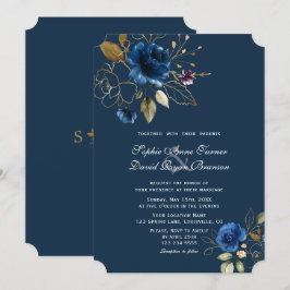 Royal Navy Blue Gold Flowers Wedding Kaart