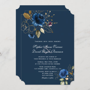Royal Navy Blue Gold Flowers Wedding Kaart