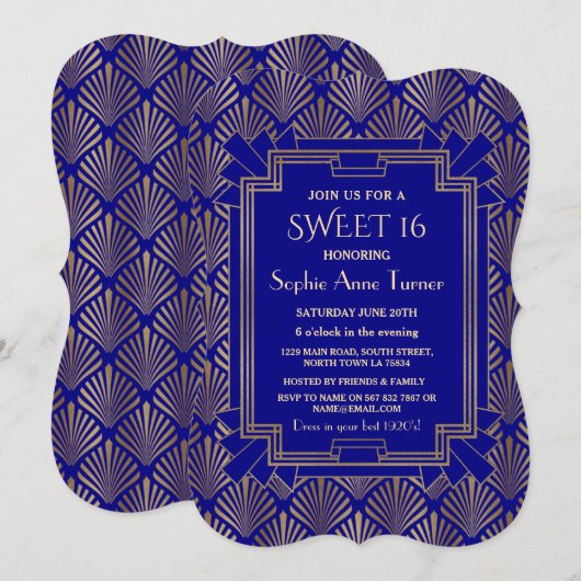 Royal Navy Blue Gold Great Gatsby Art Dec SWEET 16 Kaart (Voorkant / Achterkant)