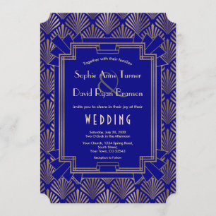 Royal Navy Blue Gold Great Gatsby Art Deco Wedding Kaart