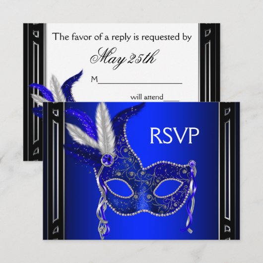 Royal Navy Blue Mask Masquerade Party RSVP Kaartje (Voorkant / Achterkant)