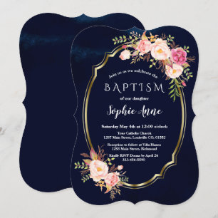 Royal Navy Blue Pink Floral Gold Girl Baptisme Kaart