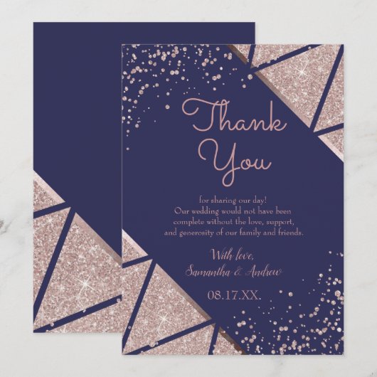 Royal Navy Blue Roos Gold Confetti Glitter Wedding Bedankkaart (Voorkant / Achterkant)