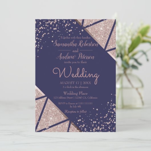 Royal Navy Blue Roos Gold Confetti Glitter Wedding Kaart (Staand voorkant)