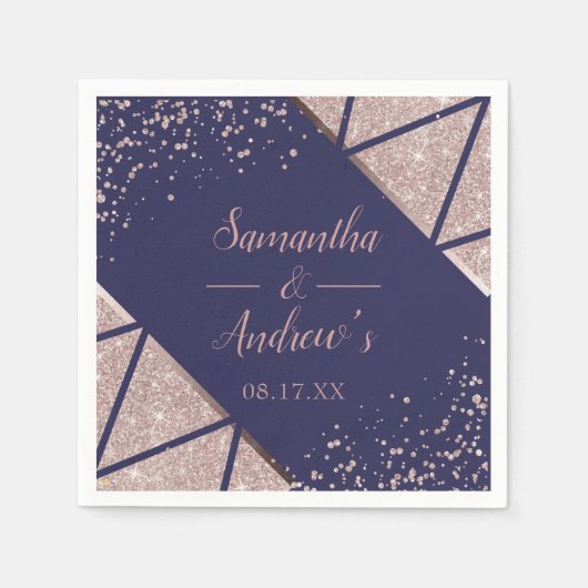 Royal Navy Blue Roos Gold Confetti Glitter Wedding Servet (Voorkant)
