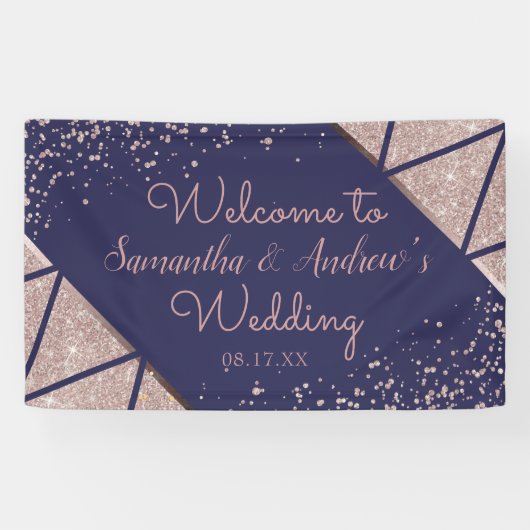 Royal Navy Blue Roos Gold Confetti Glitter Wedding Spandoek (Horizontaal)