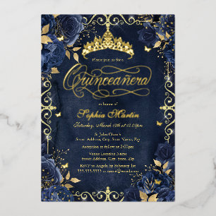 Royal Navy Gold Butterfly Roos Quinceanera Folie Uitnodiging