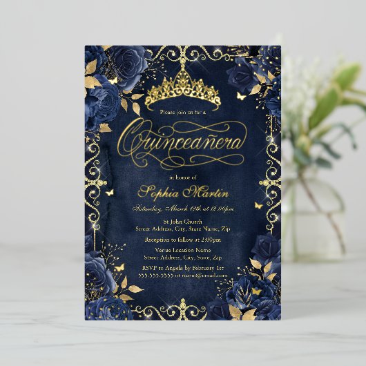 Royal Navy Gold Butterfly Roos Quinceanera Folie Uitnodiging (Staand Voorkant)