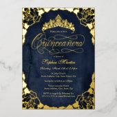 Royal Navy Gold Elegant Roos Script Quinceanera Folie Uitnodiging (Voorkant)