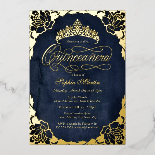 Royal Navy Gold Elegant Roos Script Quinceanera Folie Uitnodiging (Voorkant)