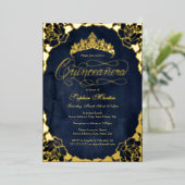 Royal Navy Gold Elegant Roos Script Quinceanera Folie Uitnodiging (Staand Voorkant)