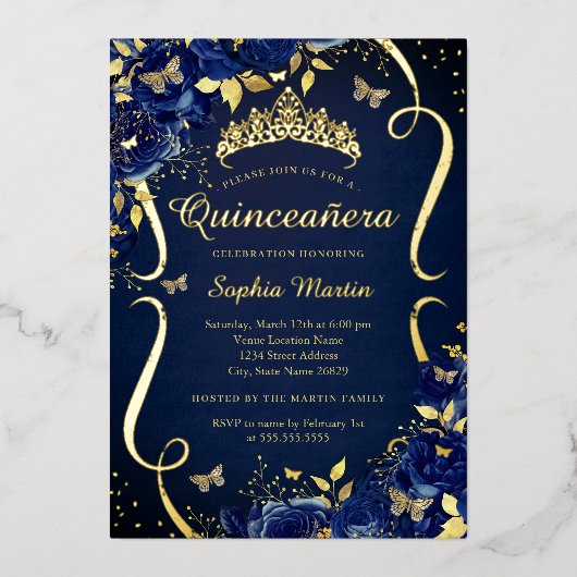 Royal Navy Gouden Bloemen Vlinder Tiara Quinceaner Folie Uitnodiging (Voorkant)