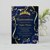 Royal Navy Gouden Bloemen Vlinder Tiara Quinceaner Folie Uitnodiging (Staand Voorkant)