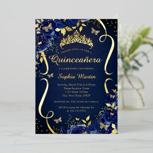 Royal Navy Gouden Bloemen Vlinder Tiara Quinceaner Folie Uitnodiging (Staand Voorkant)