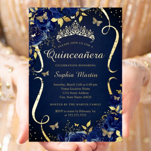 Royal Navy Gouden Bloemen Vlinder Tiara Quinceaner Folie Uitnodiging