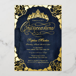 Royal Navy Gouden Elegante Roos Script Quinceanera Folie Uitnodiging