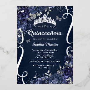 Royal Navy Scroll Floral Butterfly Quinceanera Folie Uitnodiging