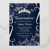 Royal Navy Scroll Floral Butterfly Quinceanera Folie Uitnodiging (Voorkant)