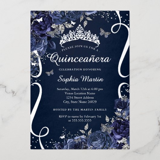 Royal Navy Scroll Floral Butterfly Quinceanera Folie Uitnodiging (Voorkant)