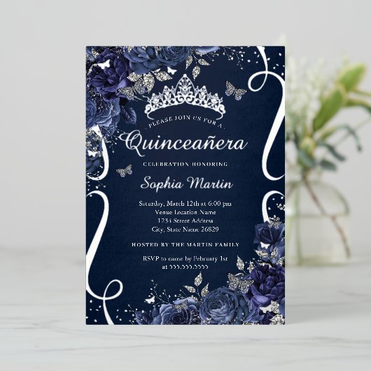 Royal Navy Scroll Floral Butterfly Quinceanera Folie Uitnodiging (Staand Voorkant)
