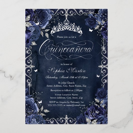 Royal Navy Silver Butterfly Roos Quinceanera Folie Uitnodiging (Voorkant)