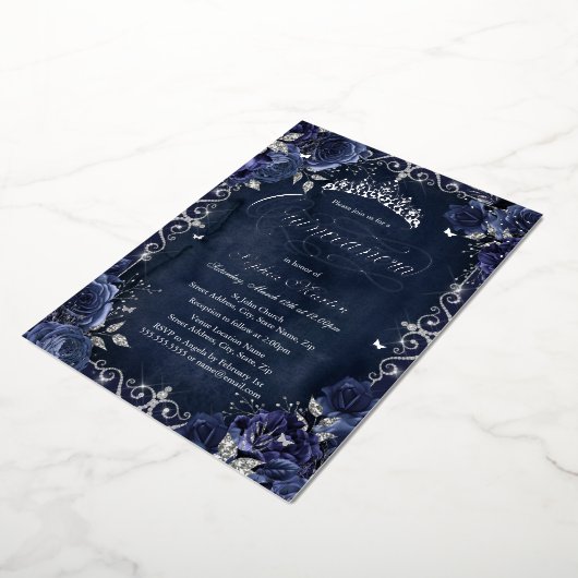 Royal Navy Silver Butterfly Roos Quinceanera Folie Uitnodiging (Gedraaid)