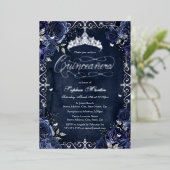 Royal Navy Silver Butterfly Roos Quinceanera Folie Uitnodiging (Staand Voorkant)