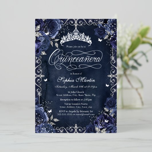 Royal Navy Silver Butterfly Roos Quinceanera Folie Uitnodiging (Staand Voorkant)
