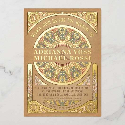 Royal Nouveau: Echte Gouden Folie Bruiloft uitnodi Folie Uitnodiging (Voorkant)