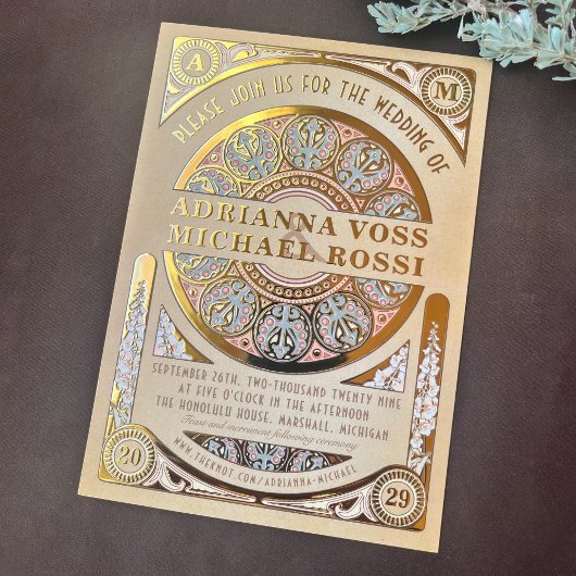 Royal Nouveau: Echte Gouden Folie Bruiloft uitnodi Folie Uitnodiging