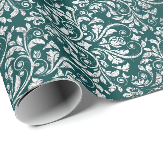 Royal Ornament Damask Blauwgroen Silver Vip Cadeaupapier (Rol Hoek)