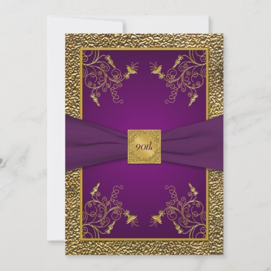 Royal Paars and Gold 90th Birthday Invitation Kaart (Voorkant)